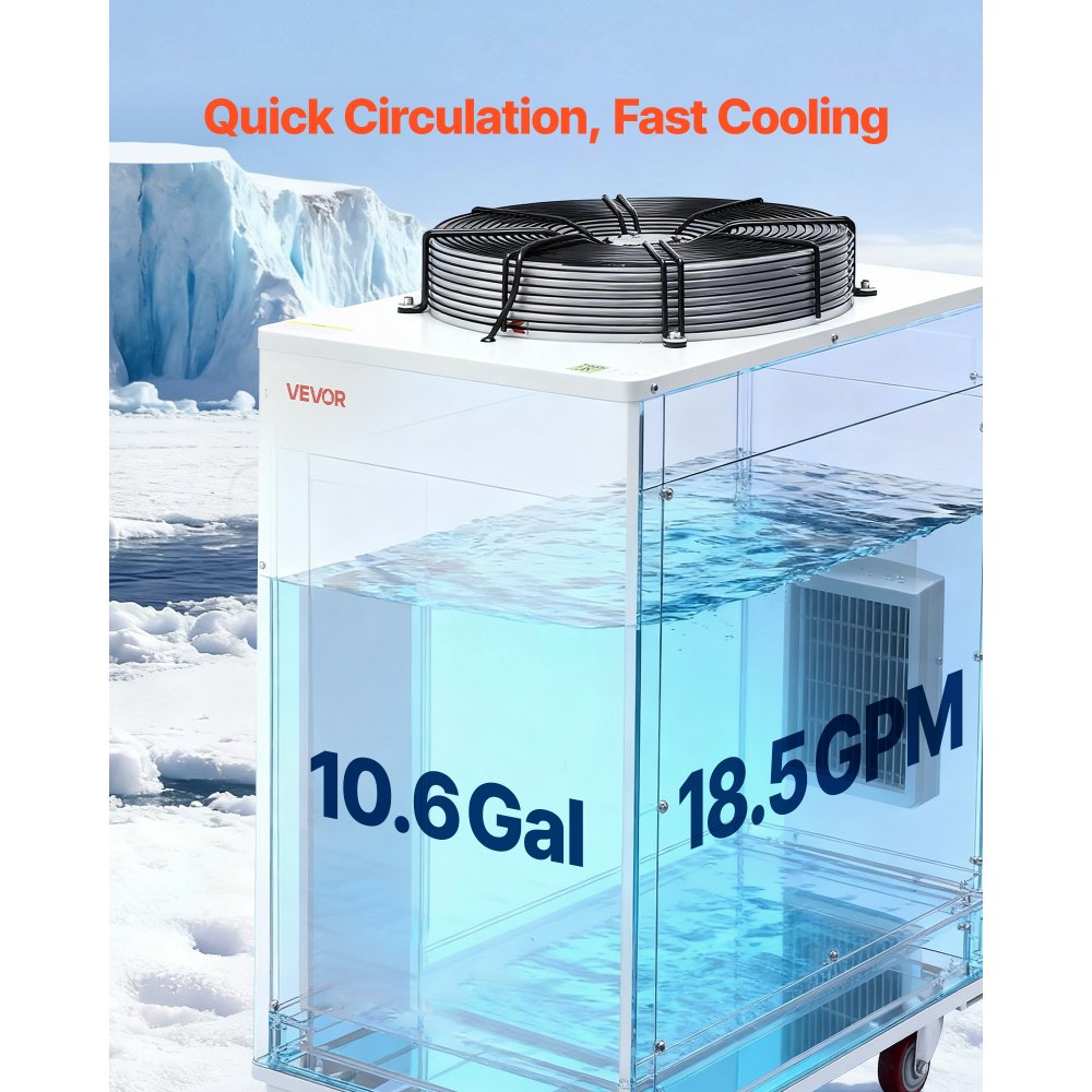 VEVOR Industrial Water Chiller, 27,300 BTU/h, Industrial Water Cooler Cooling System with Compressor, 10.6  Gal Tank Capacity, 18.5 GPM Max Flow Rate, for CO2 Laser Tube Engraving & Cutting Machine