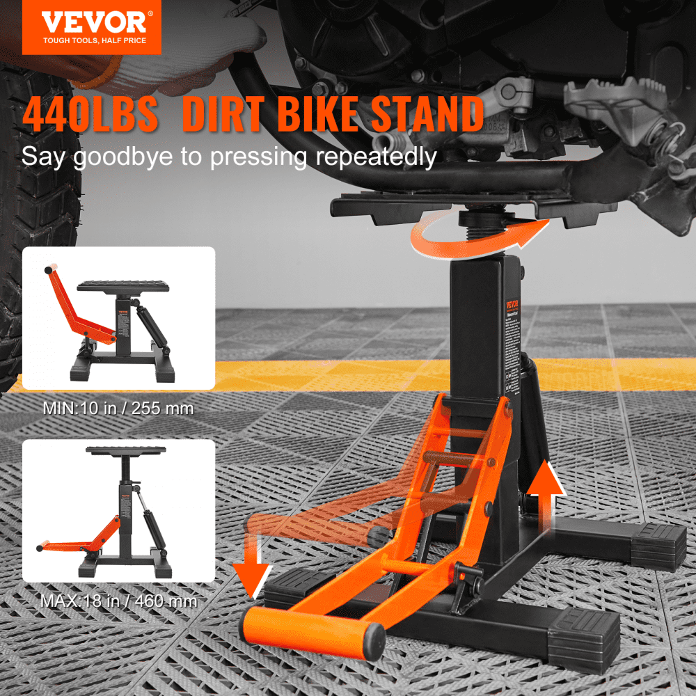 VEVOR Motorfietslift, Motorfietshefplatform 200 kg, Montagestandaard, Montagekrik, Lift, Verstelbare hoogte 255-460 mm, Platform 0-120 mm, Staal, Reparatie en onderhoud voor motorfietsen, Oranje + Zwart