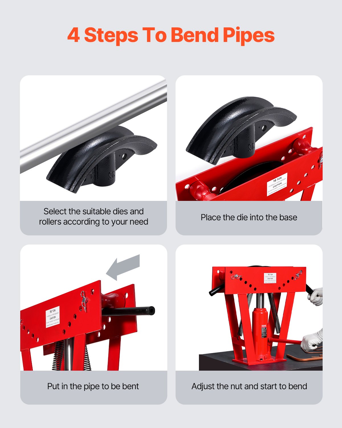 VEVOR hydraulische pijpenbuiger, 16 ton pijpenbuiger met 8 matrijzen (1/2, 3/4, 1, 1-1/4, 1-1/2, 2, 2,5, 3 inch), 90-180° verstelbare rollen voor het buigen van diverse metaalsoorten