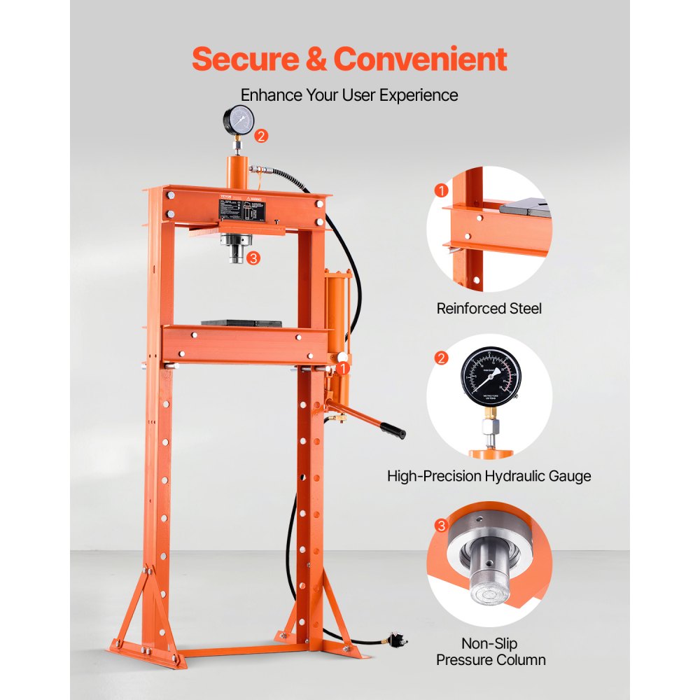 VEVOR 20 t hydraulische werkplaatspers (H-frame) met persplaat, verstelbare hydraulische pers (max. cilinder 14 cm) met driehoekige ondersteuning, geschikt voor buigen, richten en ponsen Oranje