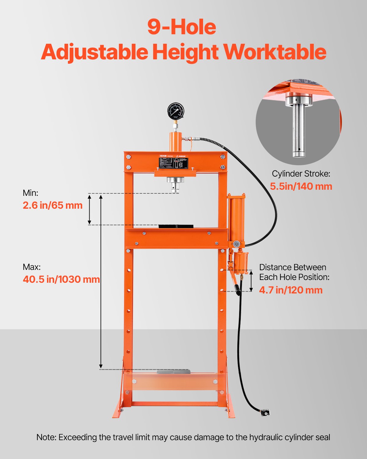 VEVOR 20 t hydraulische werkplaatspers (H-frame) met persplaat, verstelbare hydraulische pers (max. cilinder 14 cm) met driehoekige ondersteuning, geschikt voor buigen, richten en ponsen Oranje