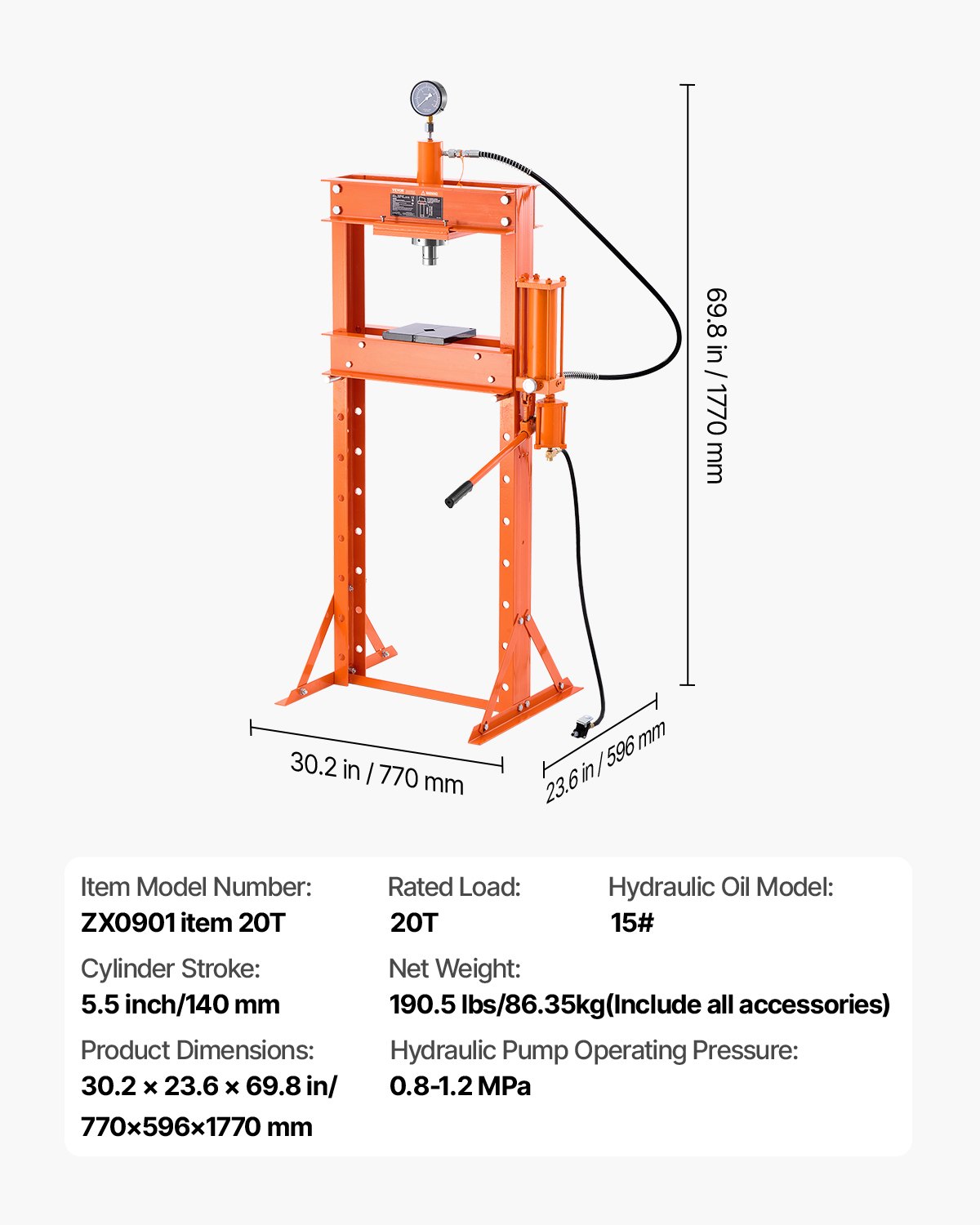 VEVOR 20 t hydraulische werkplaatspers (H-frame) met persplaat, verstelbare hydraulische pers (max. cilinder 14 cm) met driehoekige ondersteuning, geschikt voor buigen, richten en ponsen Oranje