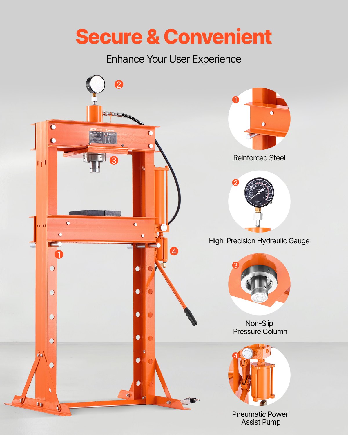 VEVOR Hydraulic Shop Press, 30 T H-Frame Pneumatic Shop Press with Press Plate & Triangular Support, Stable Garage Floor Adjustable Hydraulic Press with Relief Valve, Fit for Bending & Straightening