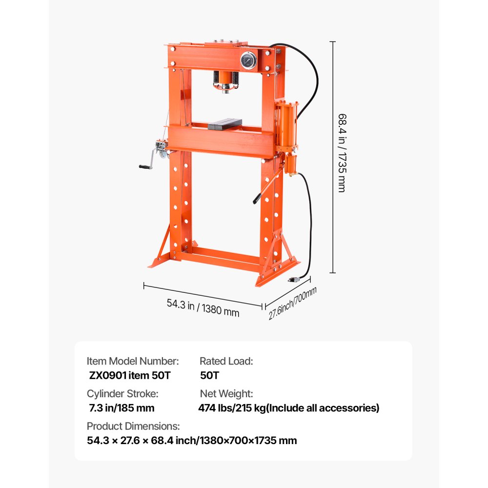 VEVOR 20 t hydraulische werkplaatspers (H-frame) met persplaat, verstelbare hydraulische pers (max. cilinder 185 mm) met driehoekige ondersteuning, geschikt voor buigen, richten en ponsen Oranje