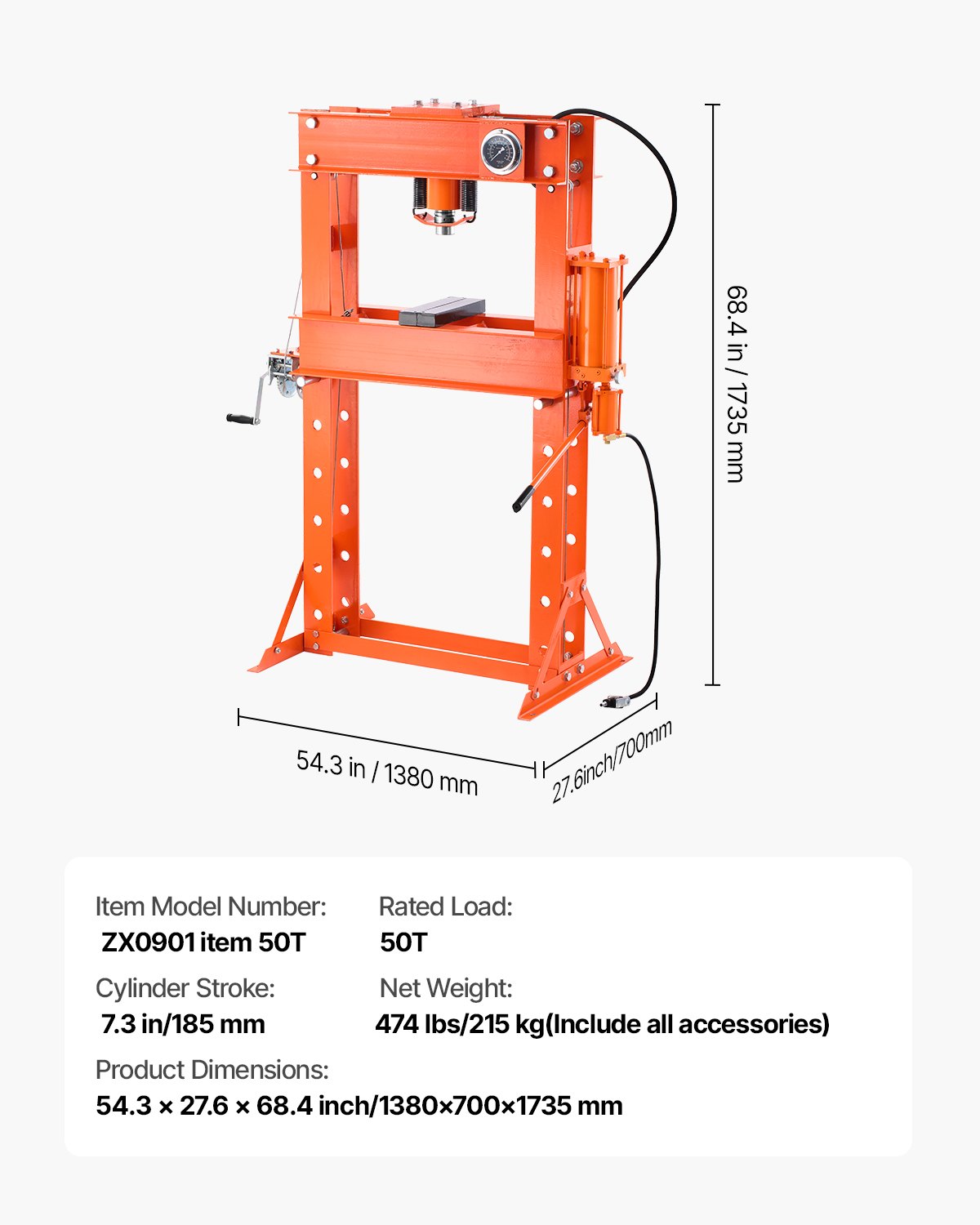 VEVOR 20 t hydraulische werkplaatspers (H-frame) met persplaat, verstelbare hydraulische pers (max. cilinder 185 mm) met driehoekige ondersteuning, geschikt voor buigen, richten en ponsen Oranje