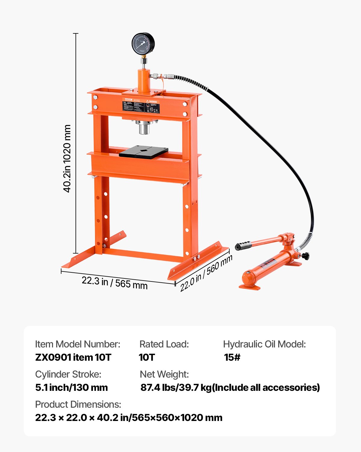 VEVOR 10 t hydraulische werkplaatspers (H-frame) met persplaat, verstelbare hydraulische pers (max. cilinder 130 mm) met overdrukventiel, geschikt voor buigen, richten en ponsen Oranje