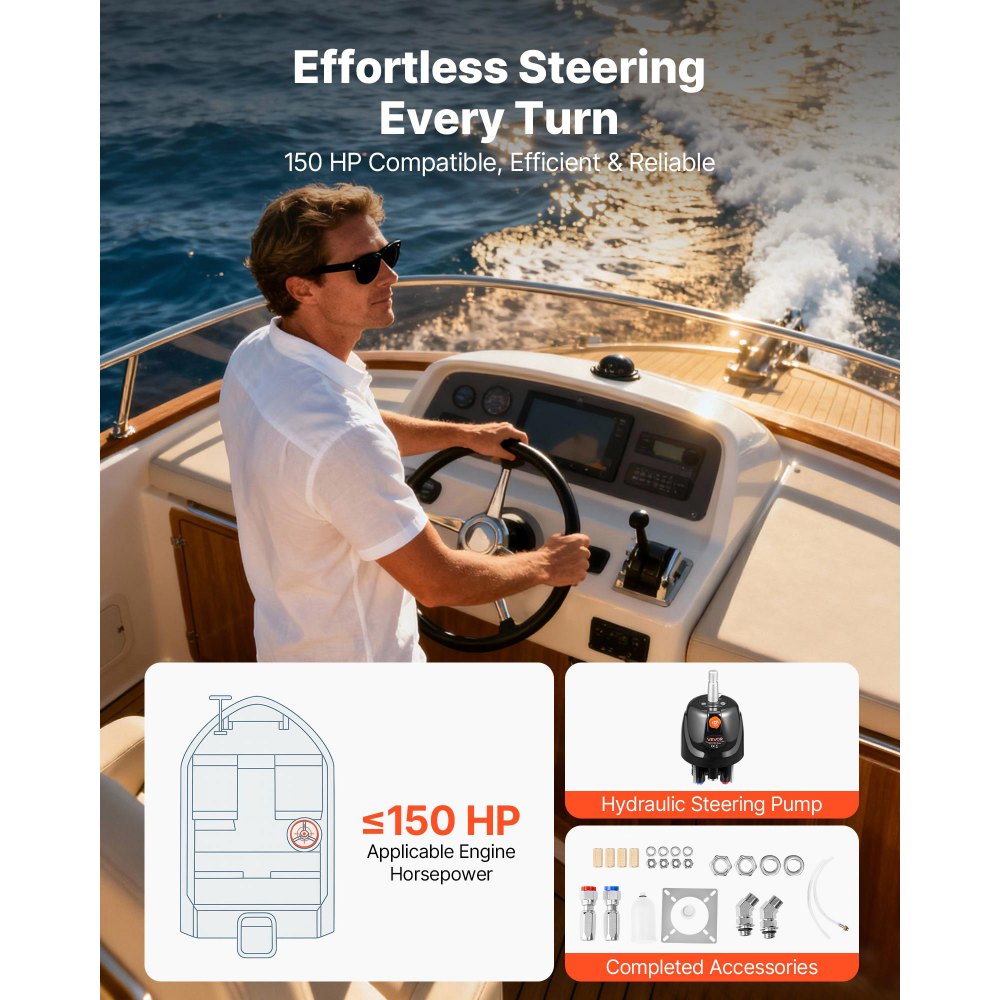 VEVOR hydraulische stuurbekrachtigingspomp, 150 pk, met een werkdruk van 6,9 MPa, behuizing van aluminiumlegering, terugslagklep, vervangbare asafdichting, voor buitenboordmotoren en visboten.