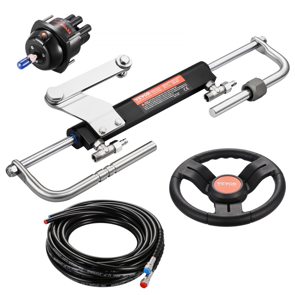 VEVOR 90 pk hydraulische buitenboordmotor stuurkit, hydraulisch bootstuursysteem met 342,9 mm stuurwiel, stuurpomp, hydraulische cilinder en twee 7924,8 mm slangen voor boten met één stuurstand en één motor.