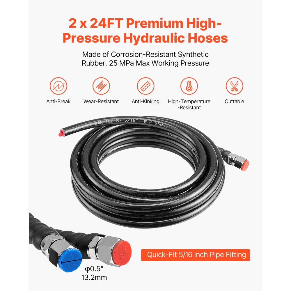 VEVOR Hydraulic Steering Kit, 150 HP, Marine Boat Hydraulic Steering System, with 6.9 MPa/1000 psi Helm Pump, Two-Way Lock Cylinder, and 24ft High-Strength Hoses, for Single Station, Single-Engine Use