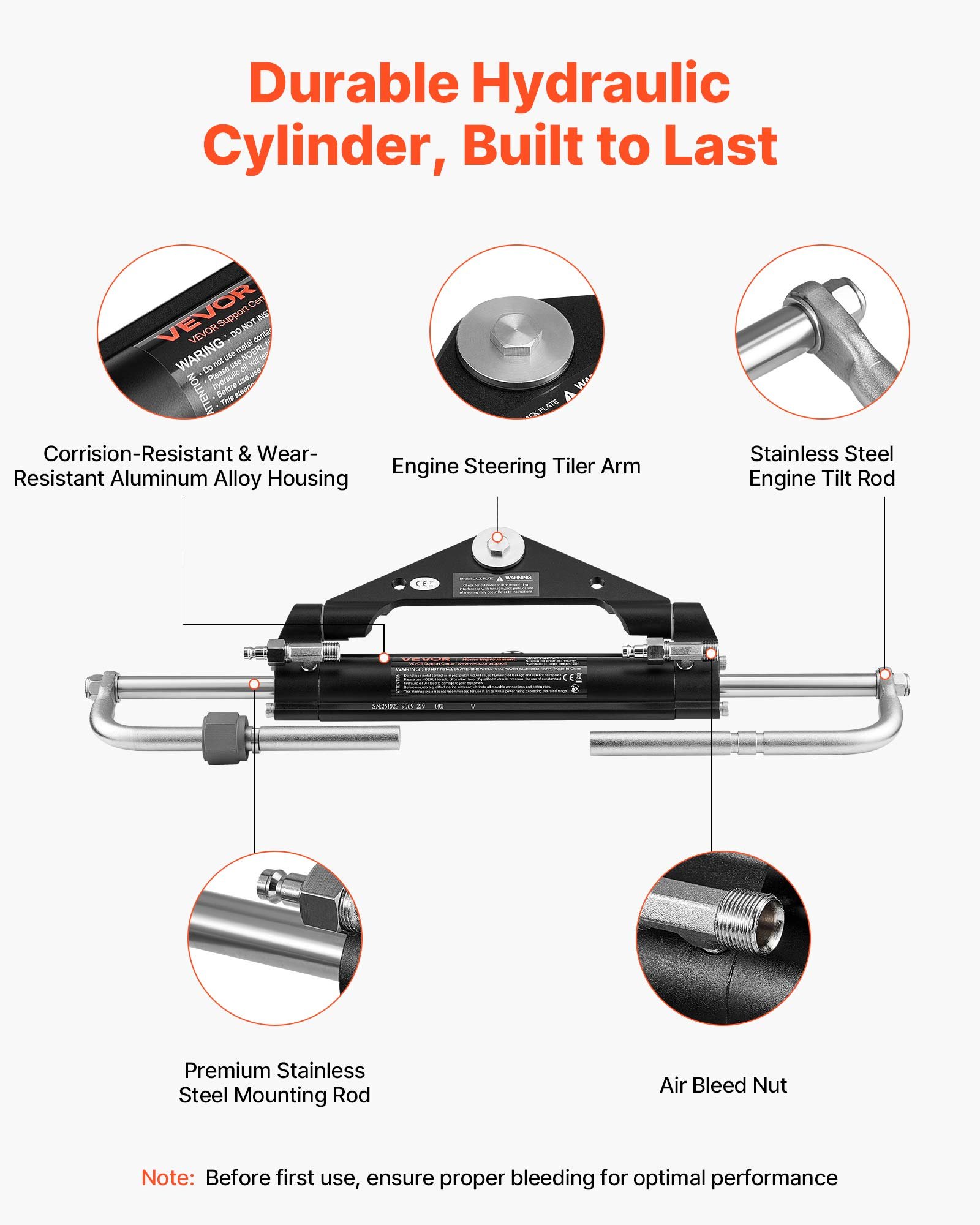 VEVOR Hydraulic Steering Kit, 150 HP, Marine Boat Hydraulic Steering System, with 6.9 MPa/1000 psi Helm Pump, Two-Way Lock Cylinder, and 24ft High-Strength Hoses, for Single Station, Single-Engine Use