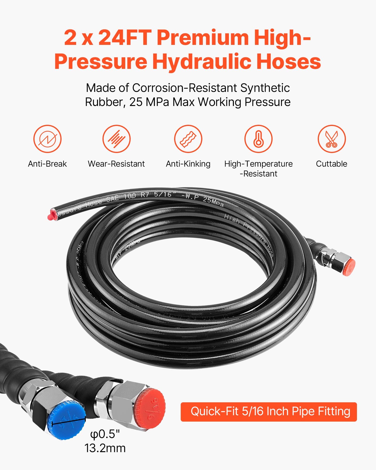 VEVOR Hydraulic Steering Kit, 150 HP, Marine Boat Hydraulic Steering System, with 6.9 MPa/1000 psi Helm Pump, Two-Way Lock Cylinder, and 24ft High-Strength Hoses, for Single Station, Single-Engine Use
