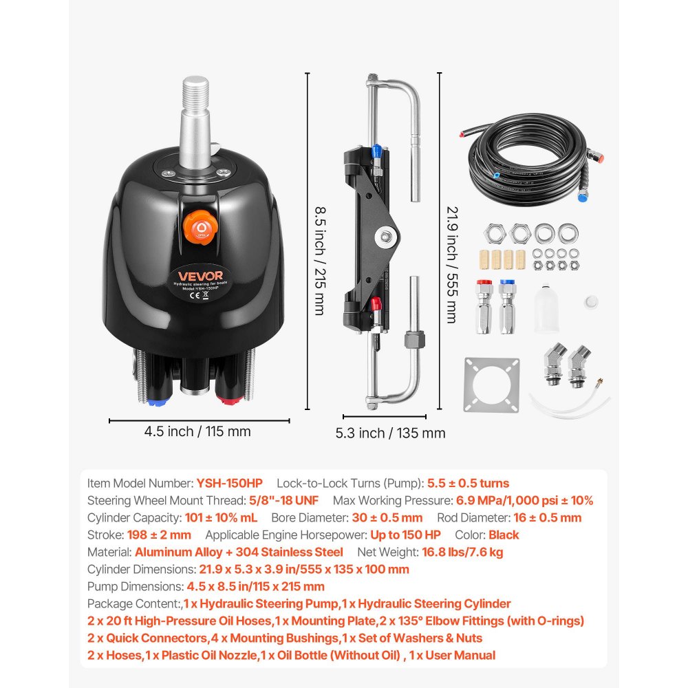 VEVOR Hydraulic Steering Kit, 150 HP, Marine Boat Hydraulic Steering System, with 6.9 MPa/1000 psi Helm Pump, Two-Way Lock Cylinder, and 20ft High-Strength Hoses, for Single Station, Single-Engine Use