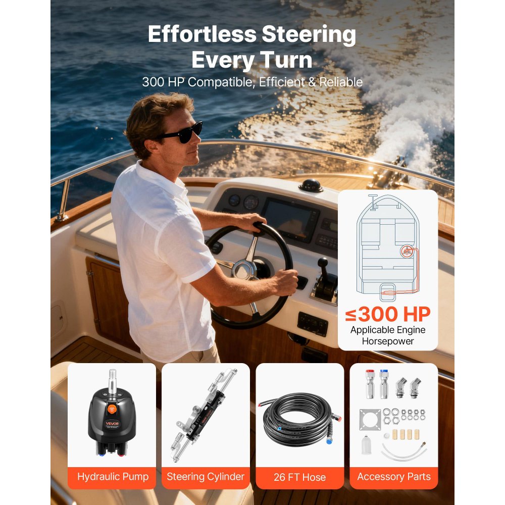 VEVOR Hydraulic Steering Kit, 300 HP, Marine Boat Hydraulic Steering System, with 6.9 MPa/1000 psi Helm Pump, Two-Way Lock Cylinder, and 26ft High-Strength Hoses, for Single Station, Single-Engine Use