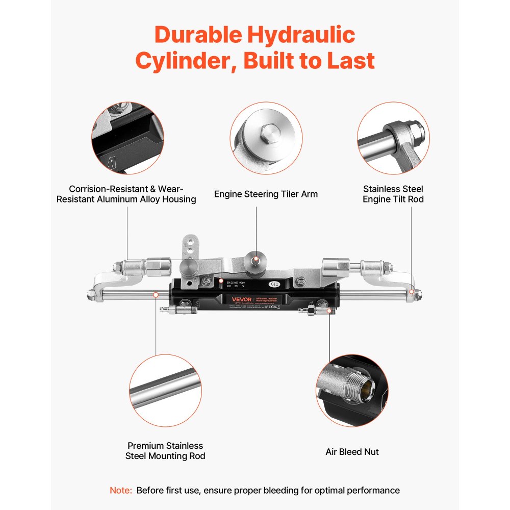 VEVOR Hydraulic Steering Kit, 300 HP, Marine Boat Hydraulic Steering System, with 6.9 MPa/1000 psi Helm Pump, Two-Way Lock Cylinder, and 26ft High-Strength Hoses, for Single Station, Single-Engine Use