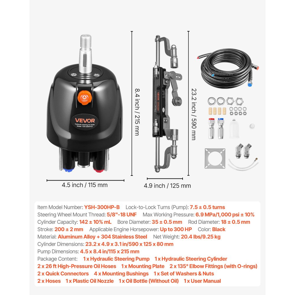 VEVOR Hydraulic Steering Kit, 300 HP, Marine Boat Hydraulic Steering System, with 6.9 MPa/1000 psi Helm Pump, Two-Way Lock Cylinder, and 26ft High-Strength Hoses, for Single Station, Single-Engine Use