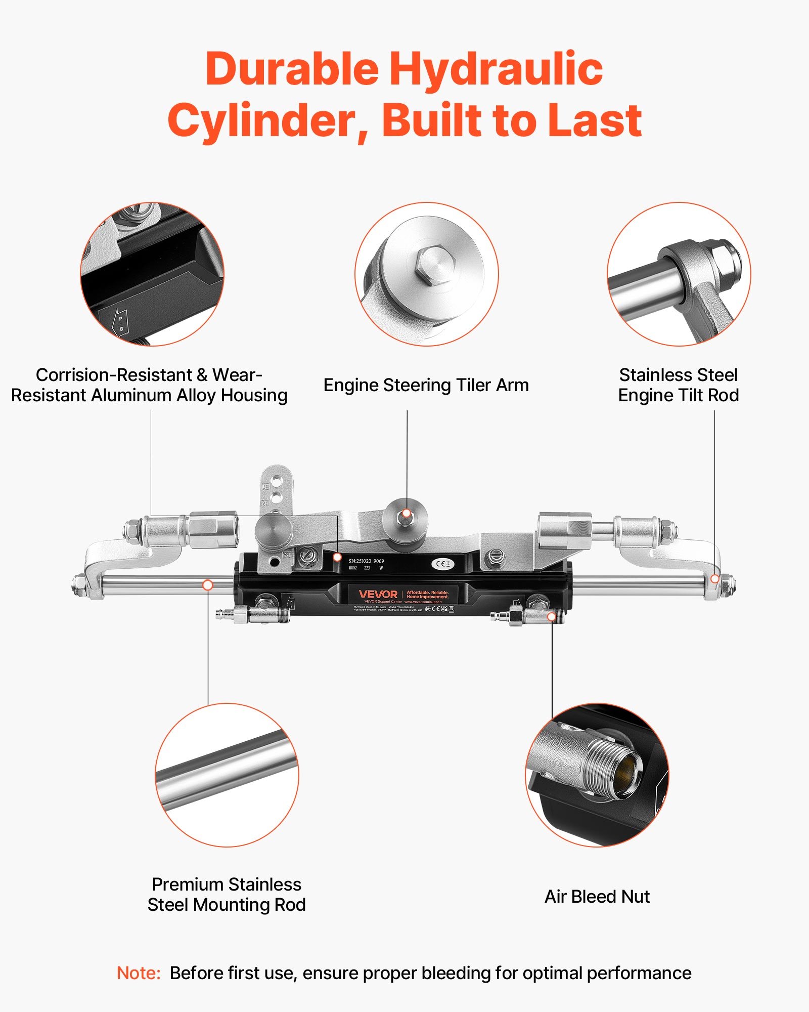 VEVOR Hydraulic Steering Kit, 300 HP, Marine Boat Hydraulic Steering System, with 6.9 MPa/1000 psi Helm Pump, Two-Way Lock Cylinder, and 26ft High-Strength Hoses, for Single Station, Single-Engine Use