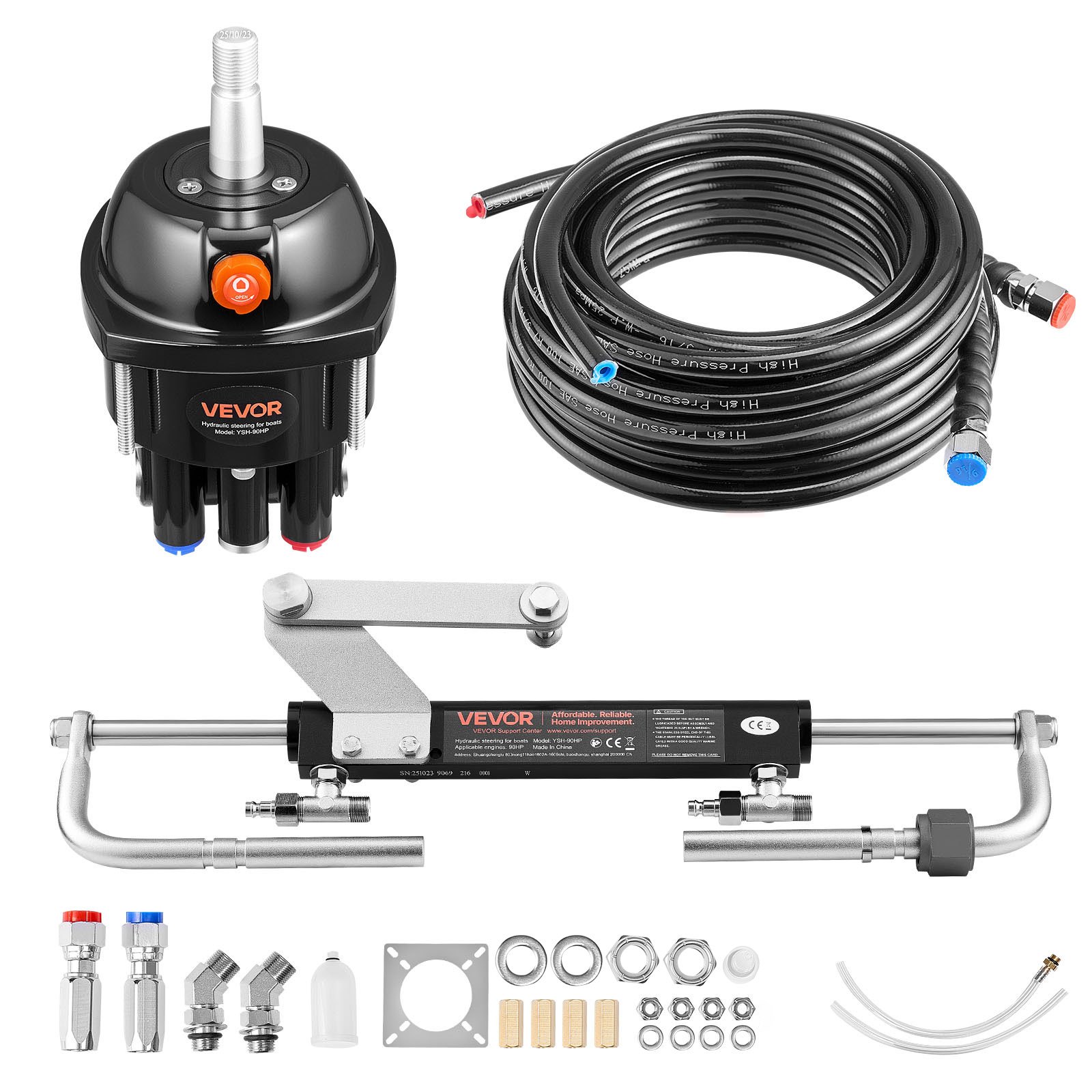 VEVOR Hydraulic Steering Kit, 90 HP, Marine Boat Hydraulic Steering System, with 6.9 MPa/1000 psi Helm Pump, Two-Way Lock Cylinder, and 20 ft High-Strength Hoses, for Single Station, Single-Engine Use