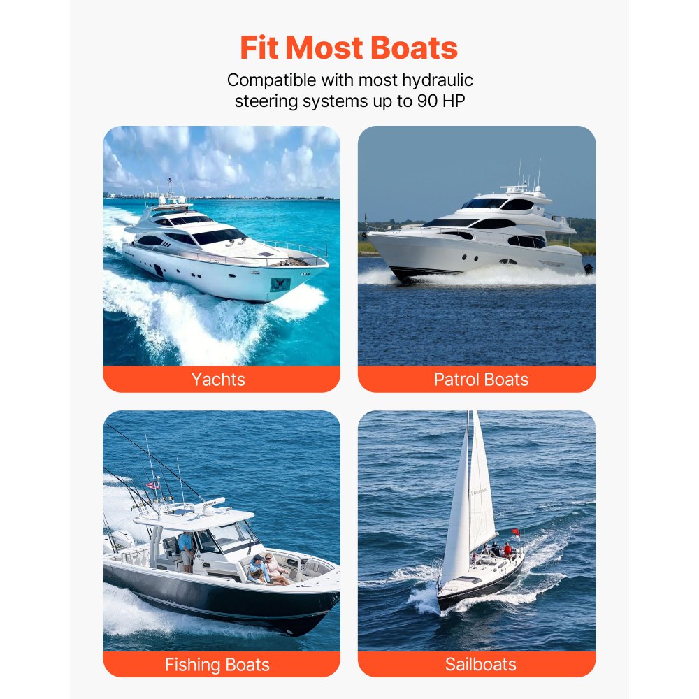 VEVOR Hydraulic Steering Kit, 90 HP, Marine Boat Hydraulic Steering System, with 6.9 MPa/1000 psi Helm Pump, Two-Way Lock Cylinder, and 24 ft High-Strength Hoses, for Single Station, Single-Engine Use