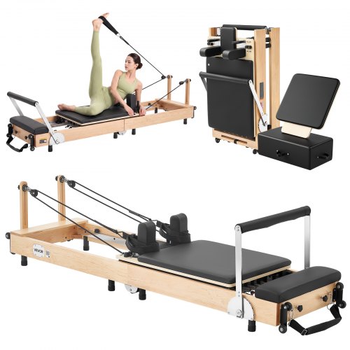 VEVOR Pilates Reformer opvouwbaar apparaat 2400 x 693 x 680 mm, gemaakt van esdoornhout, voor thuis- en sportschoolgebruik, met jumpboard, zitkussen, verstelbare hoofdsteun en stil schuifmechanisme, maximaal gebruikersgewicht 181 kg.