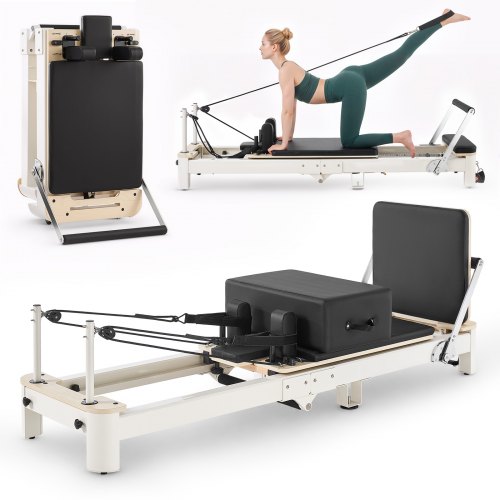 VEVOR Pilates Reformer, opvouwbaar, 221 x 69 x 83 cm, aluminiumlegering, voor thuis- en sportschoolgebruik, met jumpboard, zitbox, verstelbare hoofdsteun en stil schuifmechanisme, maximaal draagvermogen 181 kg