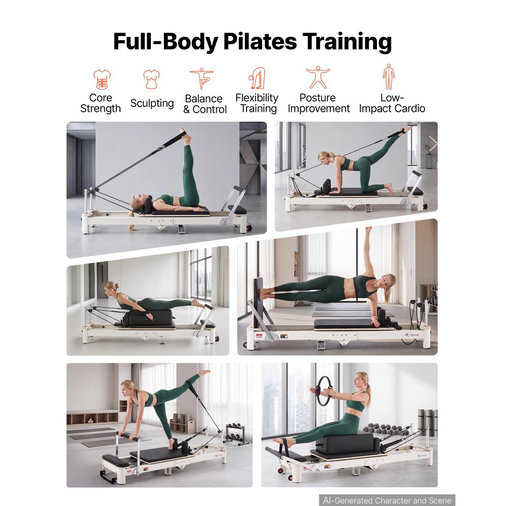 VEVOR Pilates Reformer, opvouwbaar, 221 x 69 x 83 cm, aluminiumlegering, voor thuis- en sportschoolgebruik, met jumpboard, zitbox, verstelbare hoofdsteun en stil schuifmechanisme, maximaal draagvermogen 181 kg