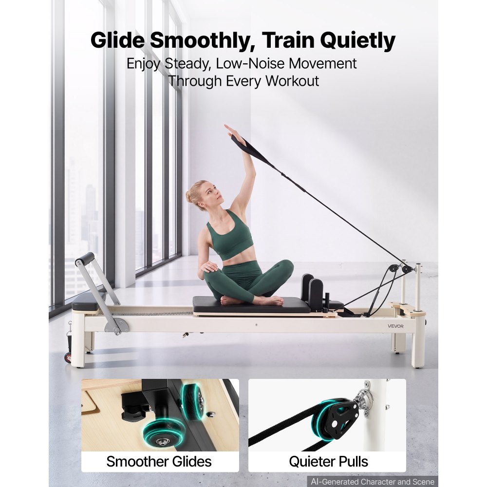 VEVOR Pilates Reformer met aluminium frame, 181 kg, 2350 x 690 x 945 mm. Ideaal voor thuisgyms en studio's, met stille slede, verstelbare hoofdsteun, Pilates box, jumpboard en voetbanden.
