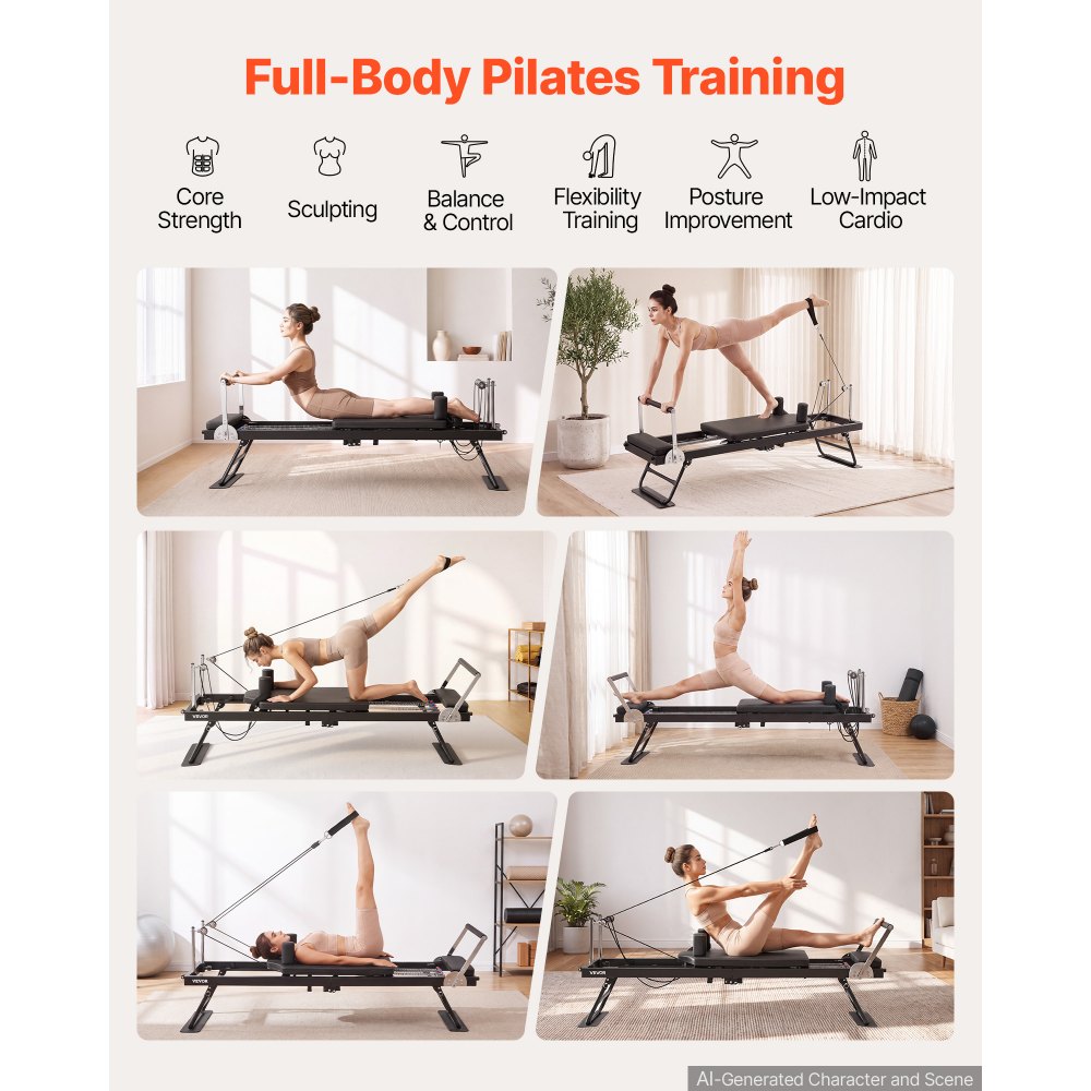 VEVOR Pilates Reformer 1965 mm opvouwbaar fitnessapparaat met ijzeren frame voor thuis- en sportschooltraining, maximaal draagvermogen van 181 kg, verstelbare steunstang, stille wielen en antislip vloerpads.