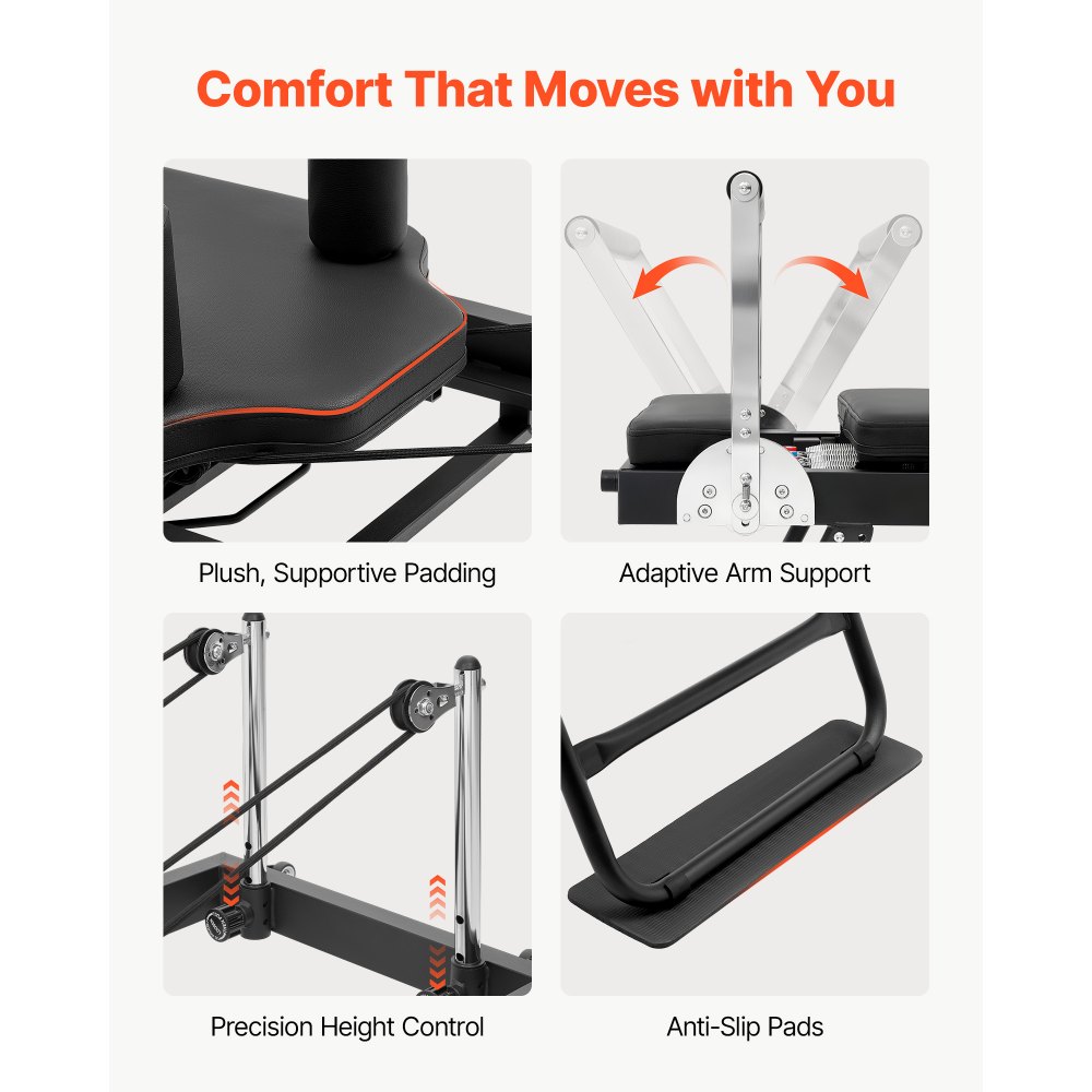 VEVOR Pilates Reformer 1965 mm opvouwbaar fitnessapparaat met ijzeren frame voor thuis- en sportschooltraining, maximaal draagvermogen van 181 kg, verstelbare steunstang, stille wielen en antislip vloerpads.