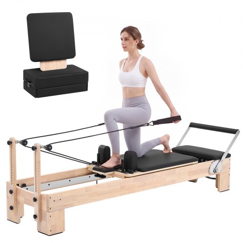 VEVOR Pilates Reformer, gemaakt van rubberhout, 181 kg, 2400 x 680 x 915 mm. Ideaal voor thuisgyms en studio's, met stille slede, verstelbare hoofdsteun, Pilates box, jumpboard en voetbanden.