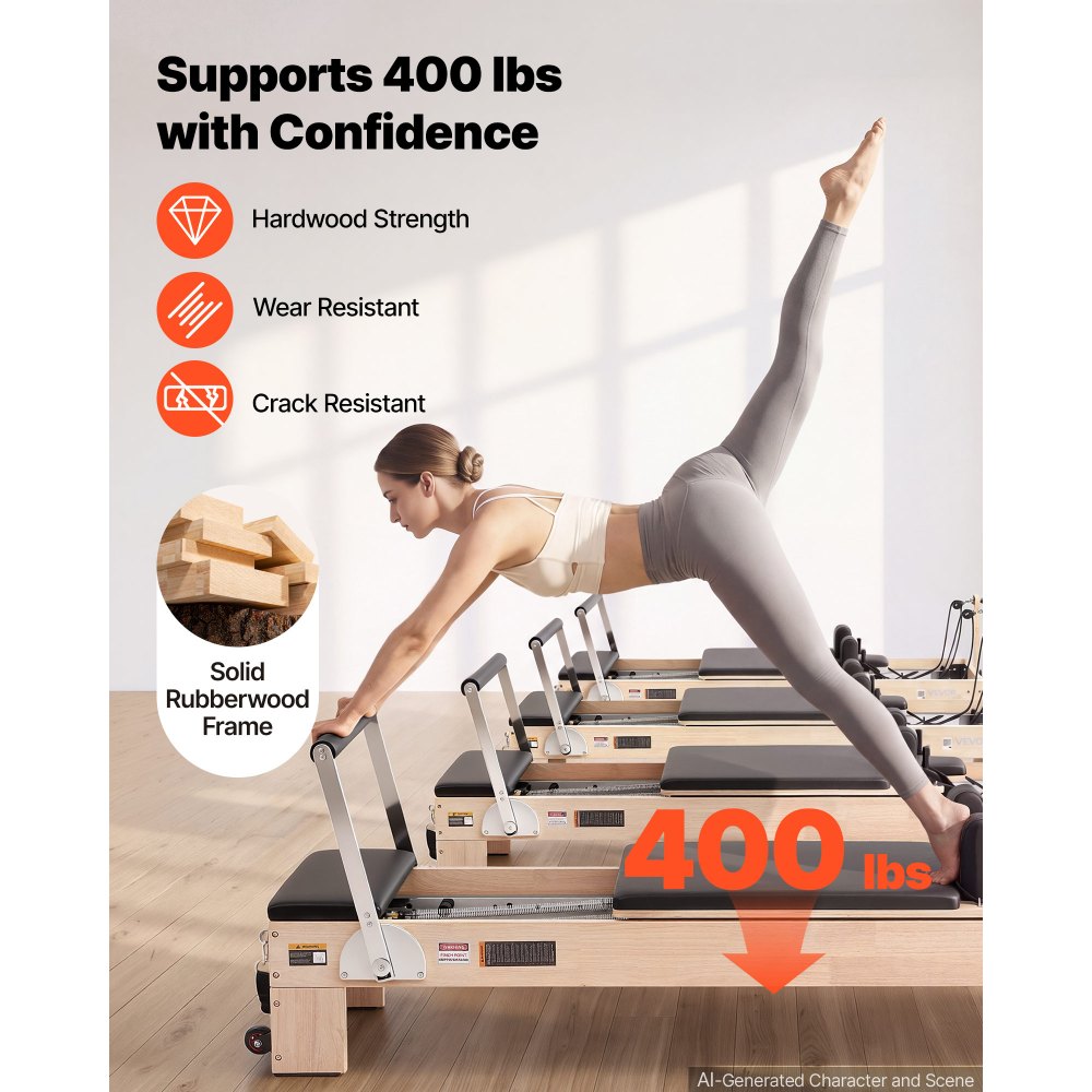 VEVOR Pilates Reformer, gemaakt van rubberhout, 181 kg, 2400 x 680 x 915 mm. Ideaal voor thuisgyms en studio's, met stille slede, verstelbare hoofdsteun, Pilates box, jumpboard en voetbanden.