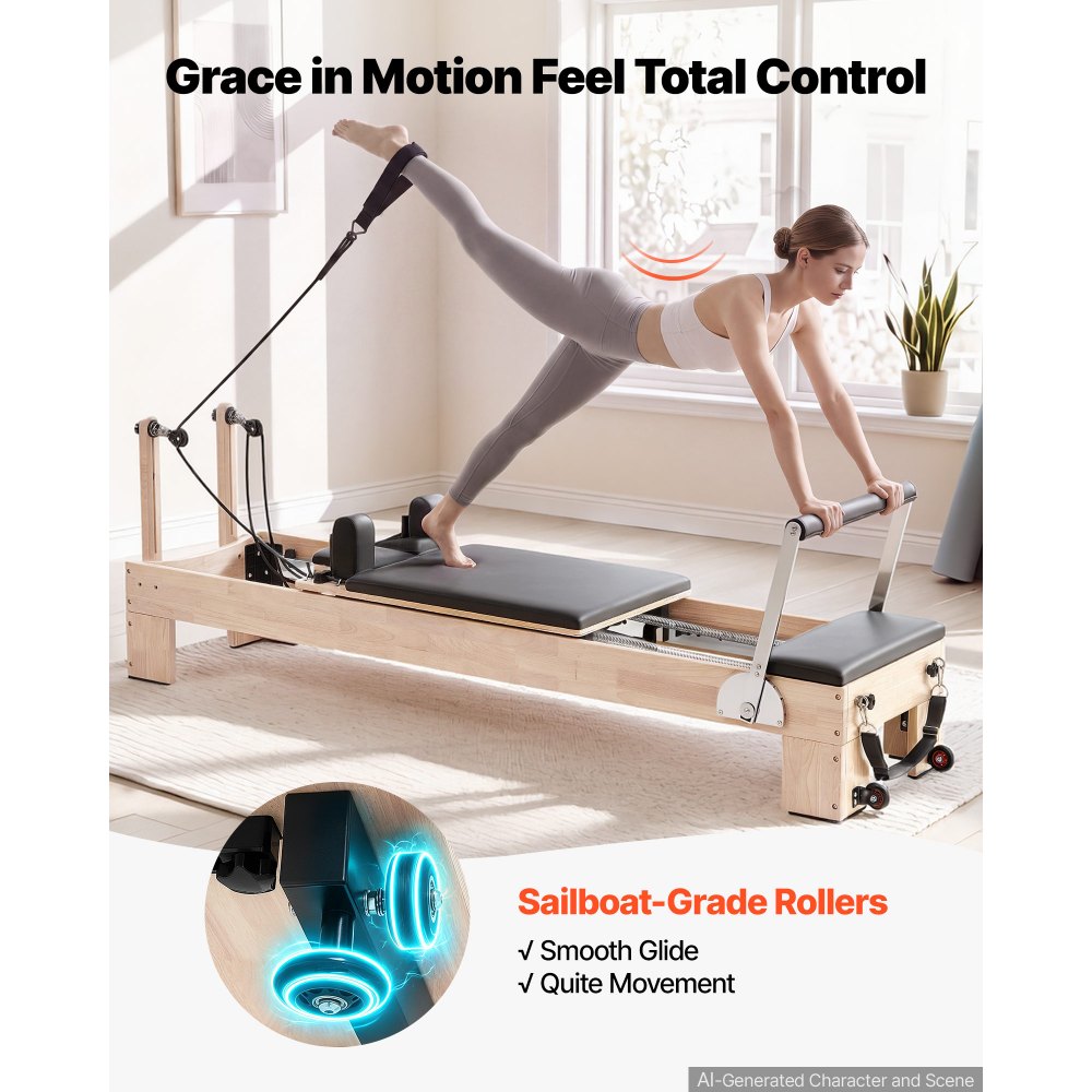 VEVOR Pilates Reformer, gemaakt van rubberhout, 181 kg, 2400 x 680 x 915 mm. Ideaal voor thuisgyms en studio's, met stille slede, verstelbare hoofdsteun, Pilates box, jumpboard en voetbanden.