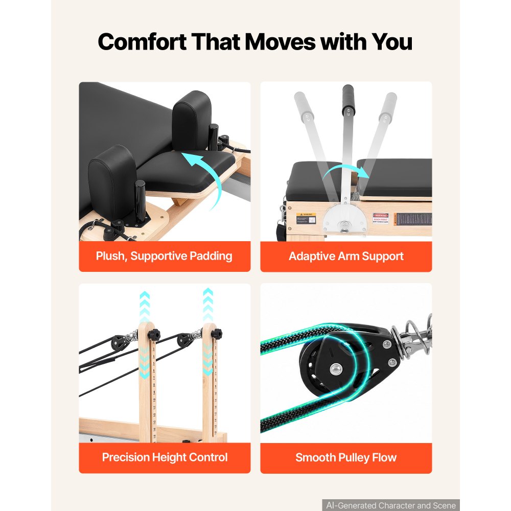 VEVOR Pilates Reformer, gemaakt van rubberhout, 181 kg, 2400 x 680 x 915 mm. Ideaal voor thuisgyms en studio's, met stille slede, verstelbare hoofdsteun, Pilates box, jumpboard en voetbanden.