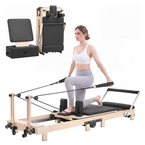 VEVOR Pilates Reformer, opvouwbaar, 2310 x 680 x 755 mm, rubberhout, voor thuis- en sportschoolgebruik, met jumpboard, zitbox, verstelbare hoofdsteun en stil schuifmechanisme, maximaal draagvermogen 181 kg