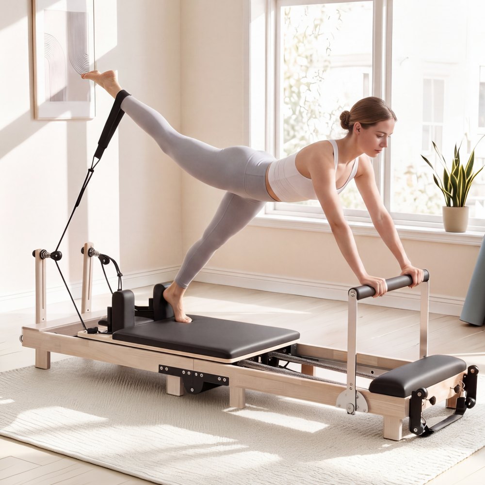 VEVOR Pilates Reformer, opvouwbaar, 2310 x 680 x 755 mm, rubberhout, voor thuis- en sportschoolgebruik, met jumpboard, zitbox, verstelbare hoofdsteun en stil schuifmechanisme, maximaal draagvermogen 181 kg
