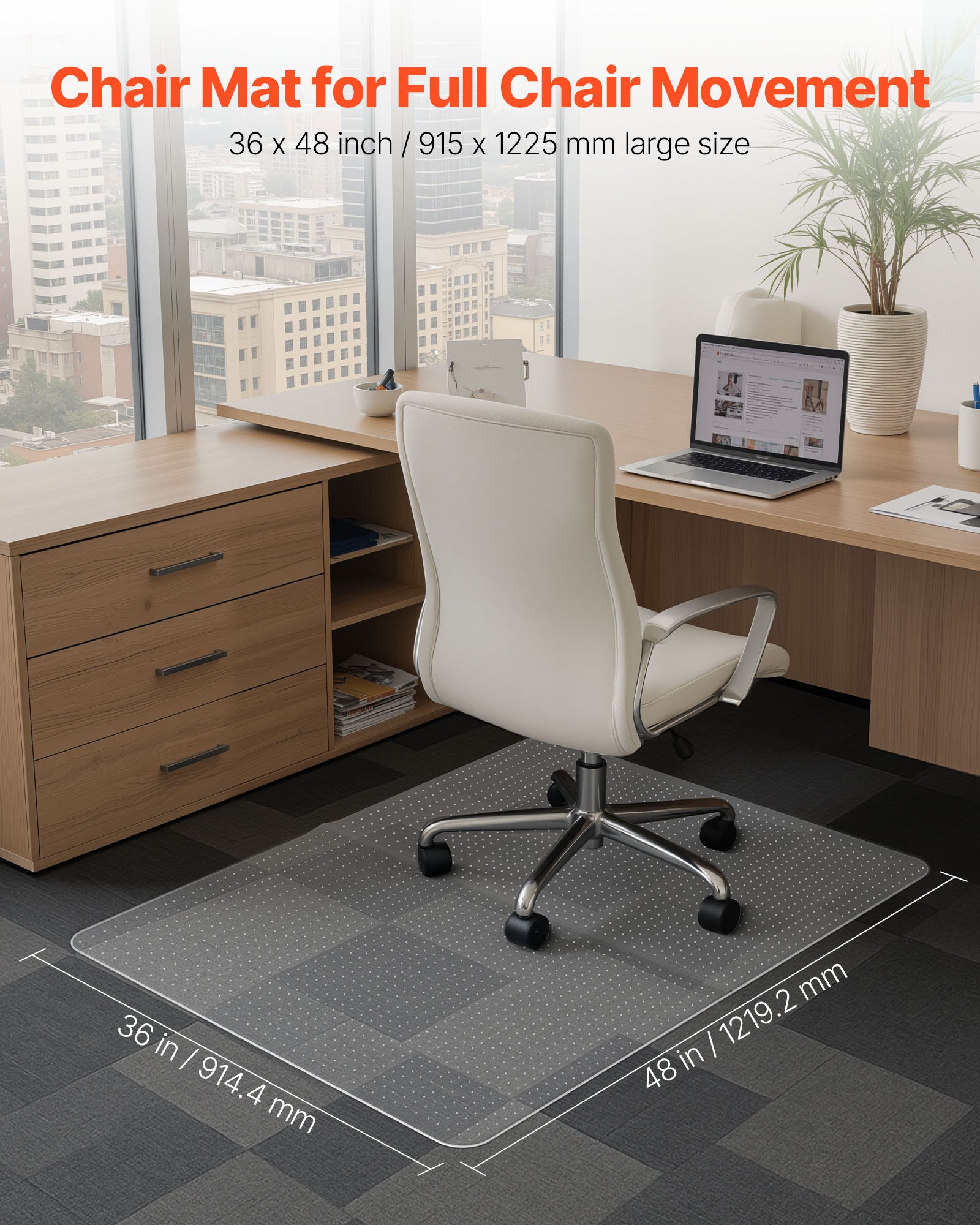 VEVOR Chair Mat, 36 x 48-inch Office Chair Mat for Carpeted Floors, Plastic Floor Protector Rug with Studded, Non-Slip & Easy to Clean, Smooth Glide Under Desk Rug for Home Office (Rectangular)