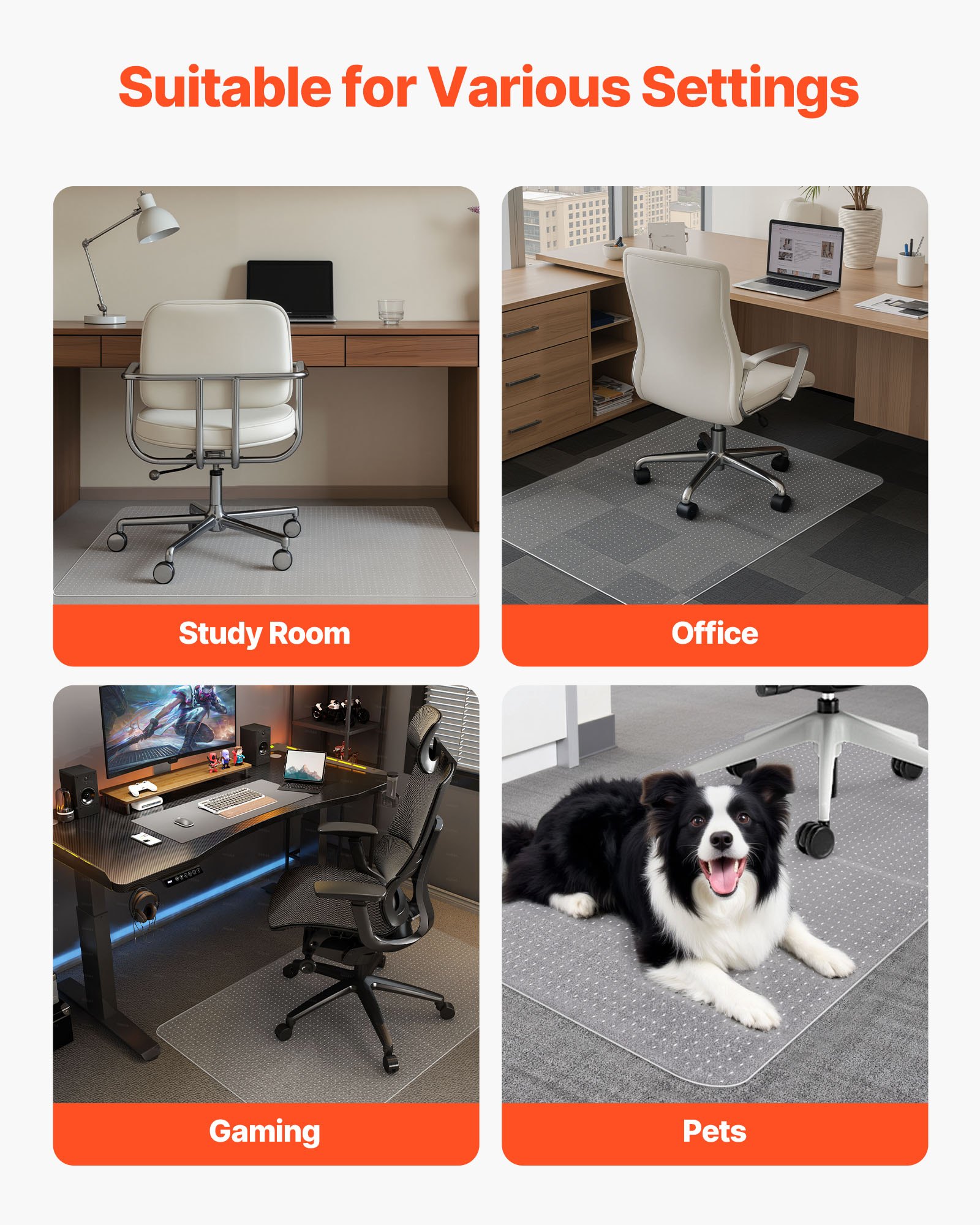 VEVOR Chair Mat, 36 x 48-inch Office Chair Mat for Carpeted Floors, Plastic Floor Protector Rug with Studded, Non-Slip & Easy to Clean, Smooth Glide Under Desk Rug for Home Office (Rectangular)