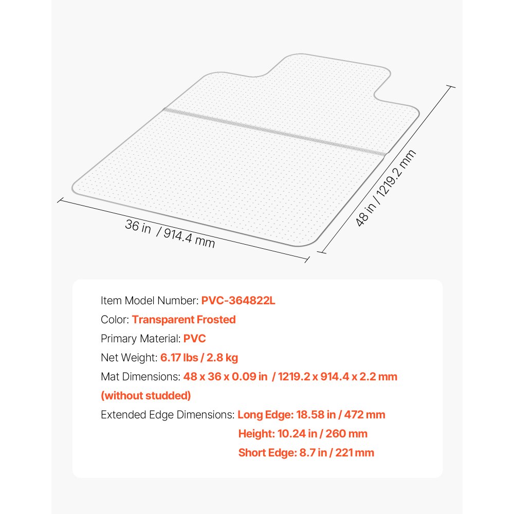 VEVOR Chair Mat with Lip, 36 x 48-inch Office Chair Mat for Low Pile Carpeted Floors, Plastic Floor Protector Rug with Studded, Non-Slip & Easy to Clean, Smooth Glide Under Desk Rug for Home Office