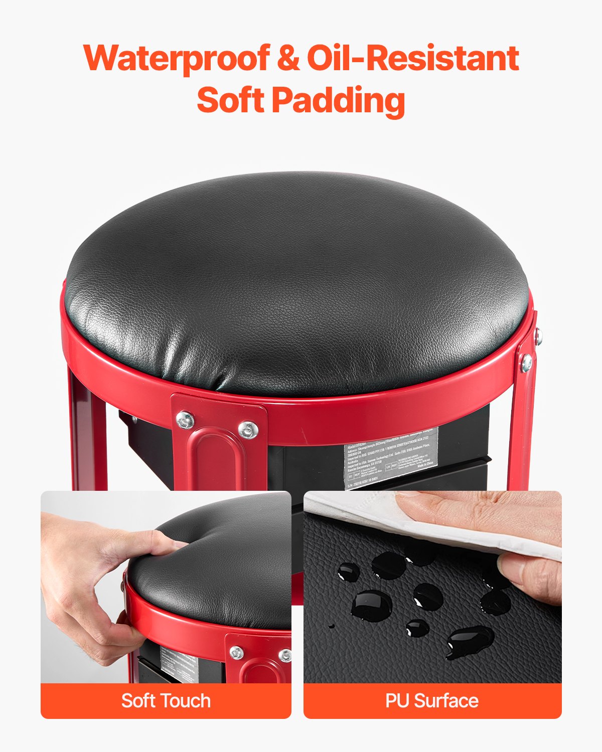 VEVOR Rolling Mechanic Stool with Wheels, 300 lbs Capacity Garage Seat/Work Stool, Padded Roller Creeper Seat with Fixed Height, Tool Tray and 2 Drawers, for Garage, Shop & Auto Repair, Red+Black