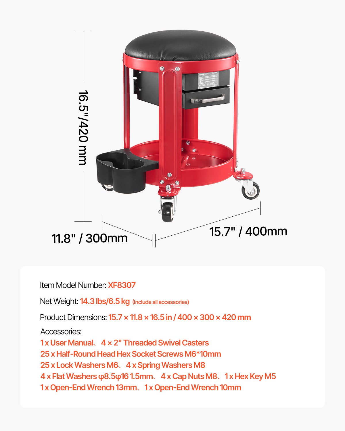 VEVOR Rolling Mechanic Stool with Wheels, 300 lbs Capacity Garage Seat/Work Stool, Padded Roller Creeper Seat with Fixed Height, Tool Tray and 2 Drawers, for Garage, Shop & Auto Repair, Red+Black