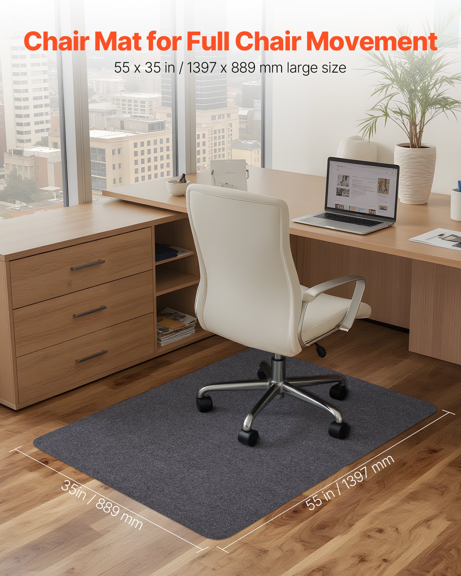 VEVOR Chair Mat, 55 x 35-inch Office Chair Mat for Hard Floors, Floor Protector for Rolling Chairs, Polyester Surface, Non-Slip & Easy to Clean, Smooth Glide Under Desk Rug for Home Office (Dark Grey)
