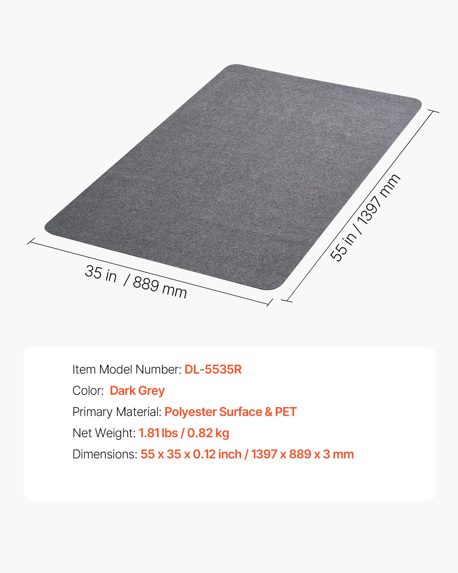 VEVOR Stoelmat Vloerbeschermingsmat (1396 x 897 mm) Antislipmat voor kantoorstoelen voor harde vloeren, stoelmat voor rolstoelen, soepel glijdend onder bureaumat voor thuiskantoor (donkergrijs)
