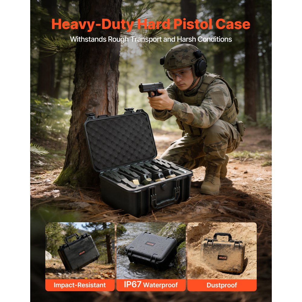 VEVOR Hardcase voor 4 pistolen, pistoolkoffer met XPE-schuiminzetstuk 404x319x192 mm, waterdichte pistoolkoffer met aanpasbaar interieur en draaghandvat, voor pistolen, lenzen en camera's