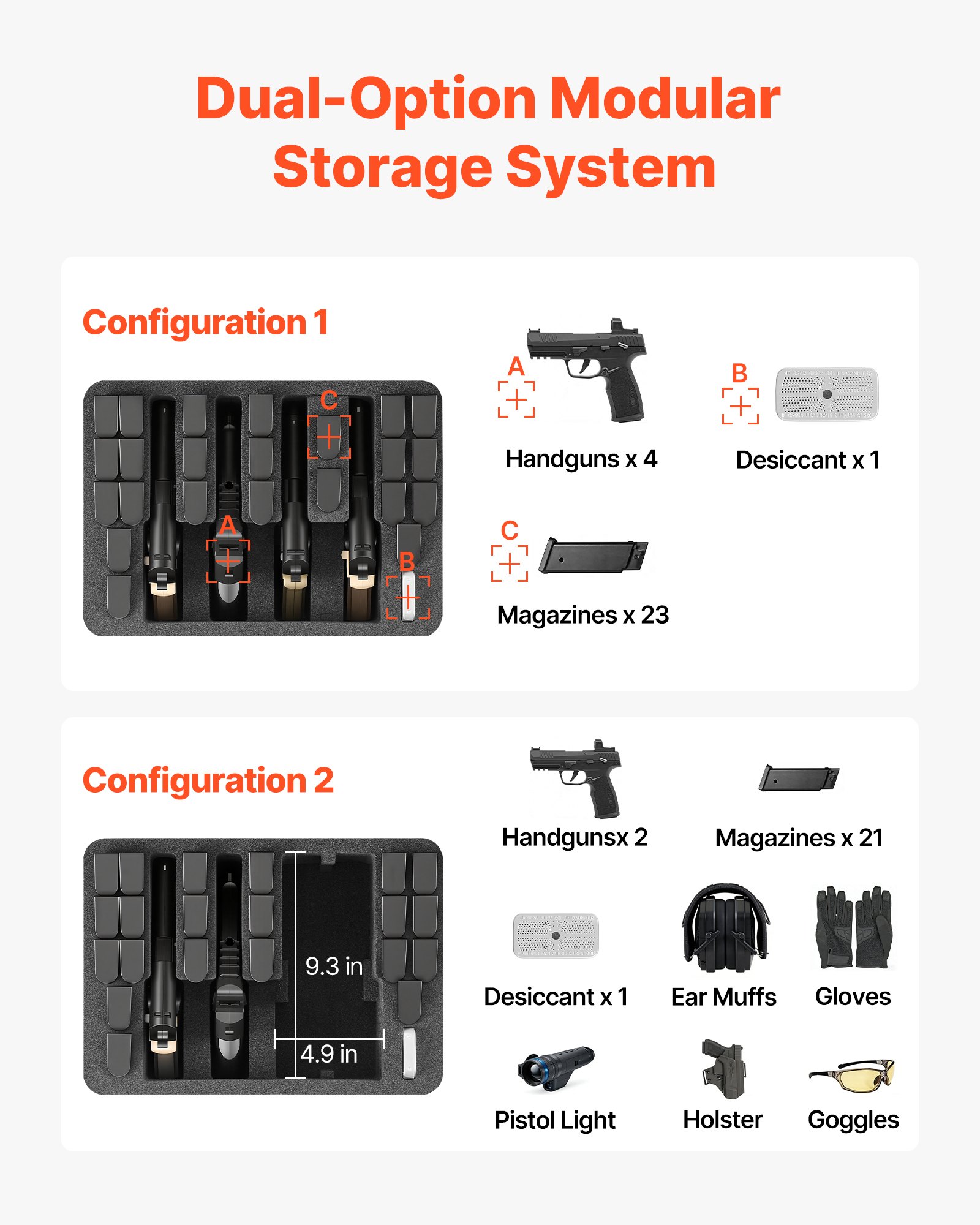 VEVOR Hardcase voor 4 pistolen, pistoolkoffer met XPE-schuiminzetstuk 404x319x192 mm, waterdichte pistoolkoffer met aanpasbaar interieur en draaghandvat, voor pistolen, lenzen en camera's