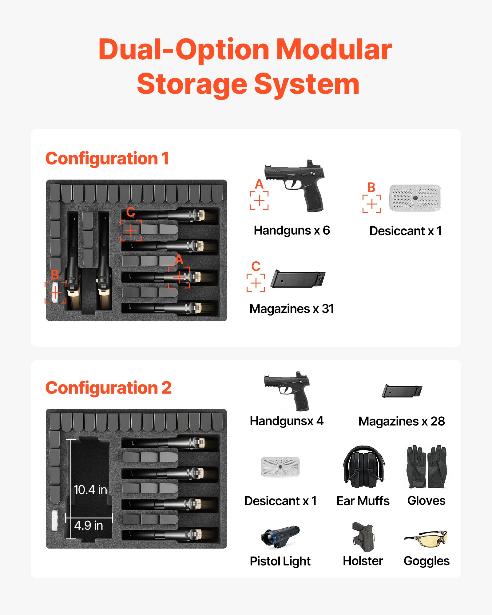 VEVOR Hardcase voor 6 pistolen, pistoolkoffer met XPE-schuiminzetstuk 475x415x215 mm, waterdichte pistoolkoffer met aanpasbaar interieur en draaghandvat, voor pistolen, lenzen en camera's