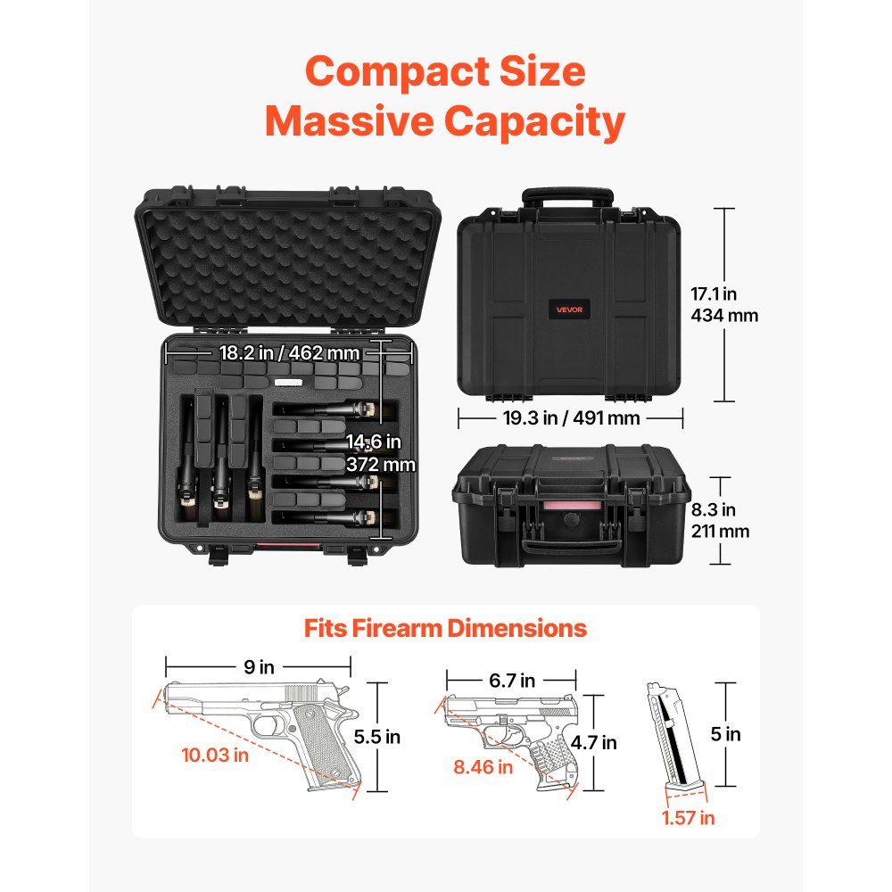 VEVOR Hardcase voor 7 pistolen, pistoolkoffer met XPE-schuiminzetstuk 491x434x211 mm, waterdichte pistoolkoffer met aanpasbaar interieur en draaghandvat, voor pistolen, lenzen en camera's