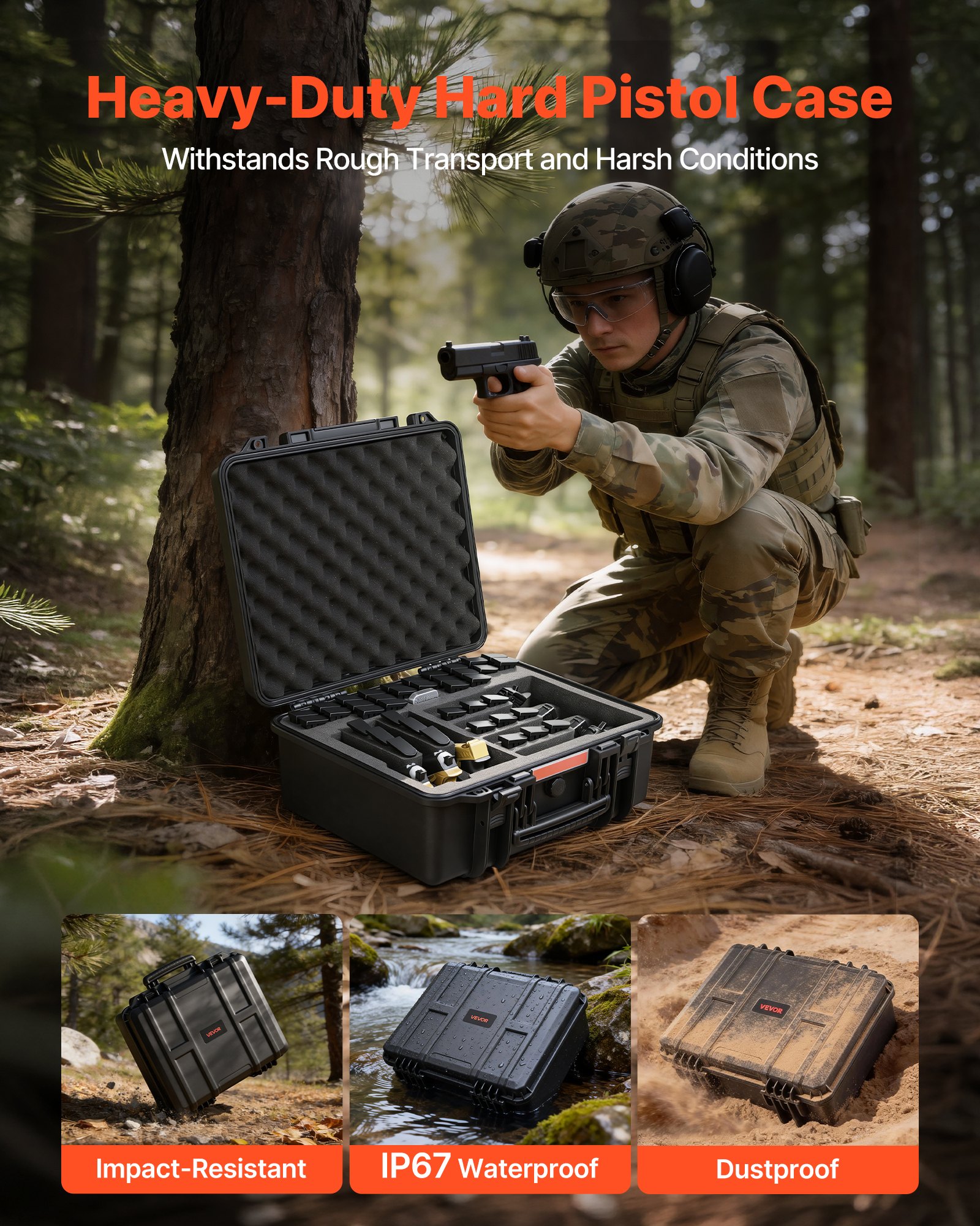 VEVOR Hardcase voor 7 pistolen, pistoolkoffer met XPE-schuiminzetstuk 491x434x211 mm, waterdichte pistoolkoffer met aanpasbaar interieur en draaghandvat, voor pistolen, lenzen en camera's