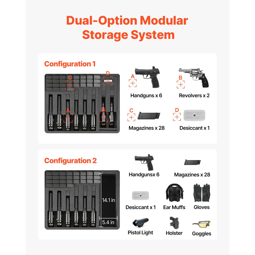 VEVOR Hardcase voor 8 pistolen, pistoolkoffer met XPE-schuiminzetstuk 556x455x225 mm, waterdichte pistoolkoffer met aanpasbaar interieur en draaghandvat, voor pistolen, lenzen en camera's