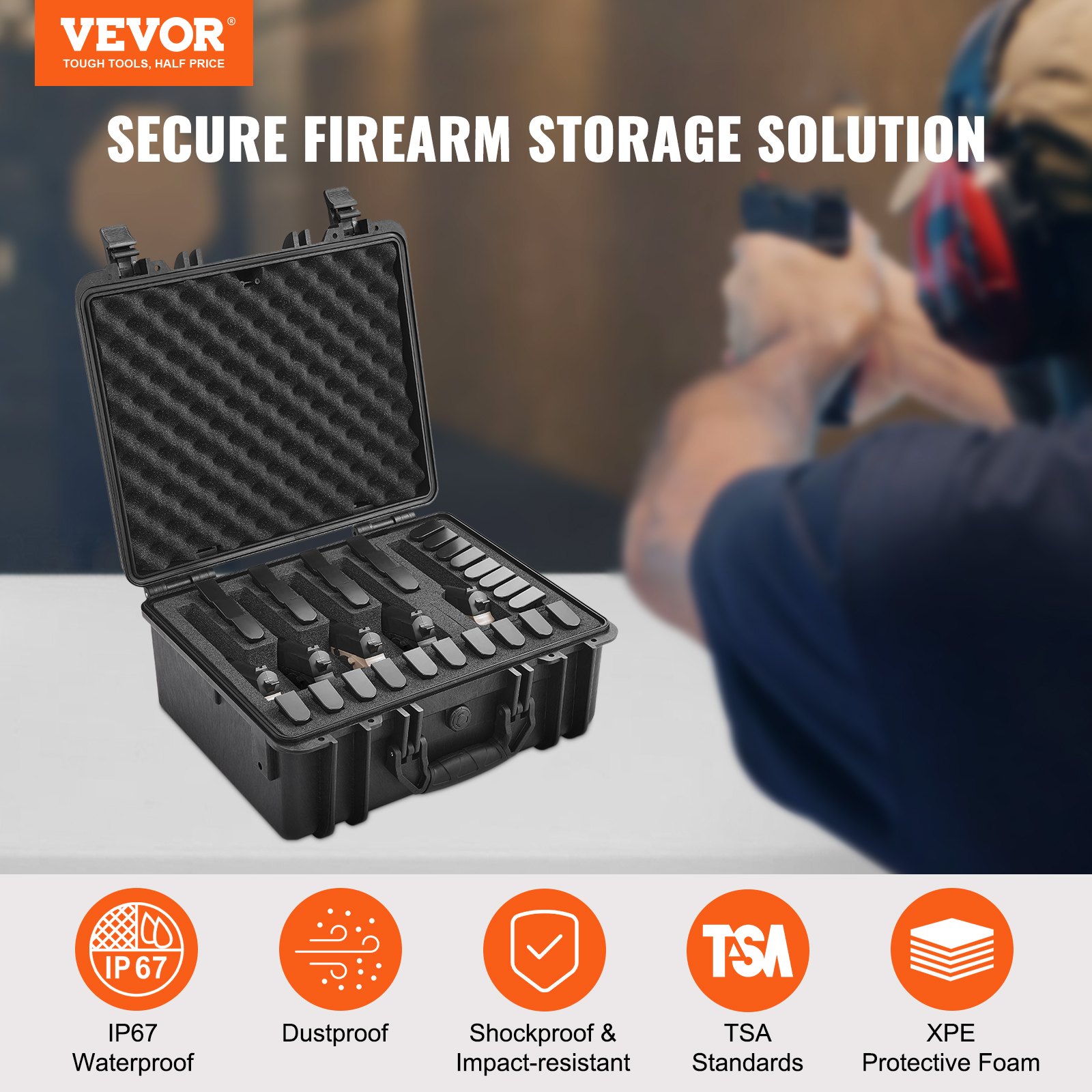 VEVOR Harde pistoolkoffer met voorgesneden voering, waterdichte en stofdichte harde koffer voor 5 pistolen, 18,9 × 16,3 × 8,5 inch afsluitbare pistoolkoffer, zwart