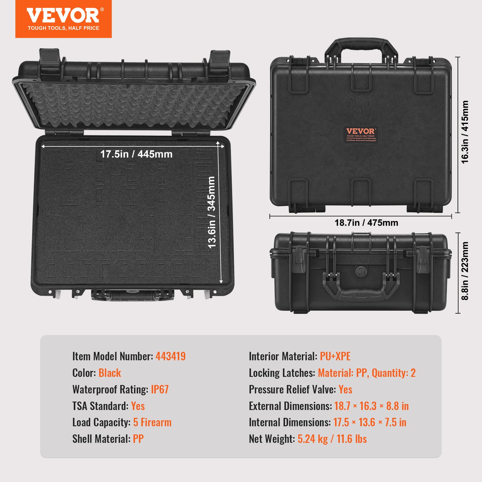 VEVOR Harde pistoolkoffer met voorgesneden voering, waterdichte en stofdichte harde koffer voor 5 pistolen, 18,9 × 16,3 × 8,5 inch afsluitbare pistoolkoffer, zwart