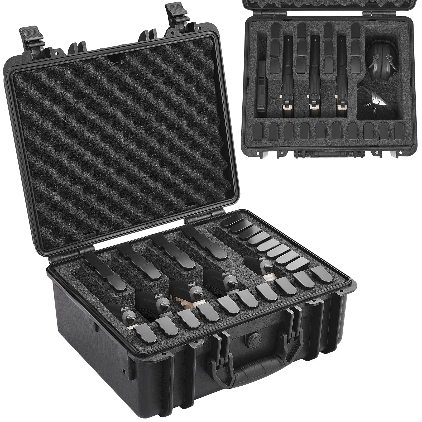 VEVOR Harde pistoolkoffer met voorgesneden voering, waterdichte en stofdichte harde koffer voor 5 pistolen, 18,9 × 16,3 × 8,5 inch afsluitbare pistoolkoffer, zwart